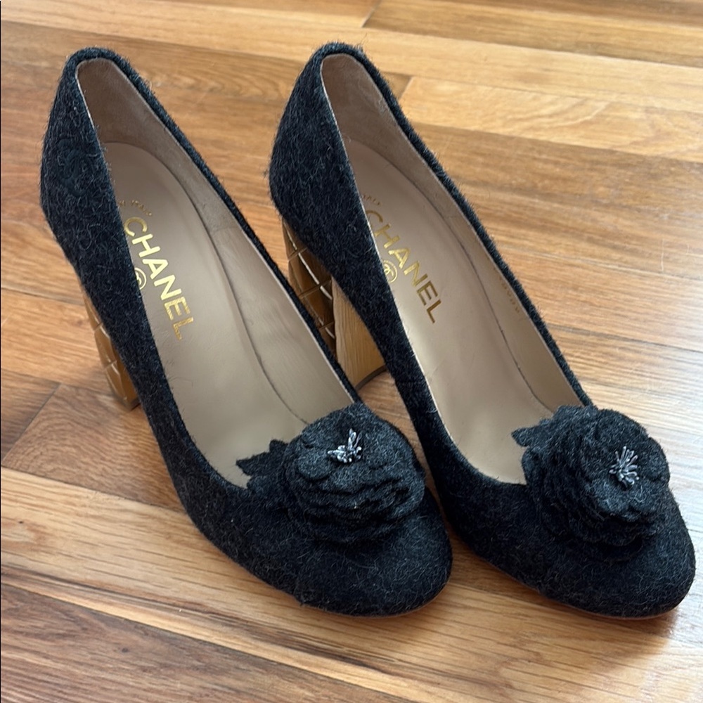 CHANEL Black/ Charcoal Camilla Flower Gold Heel Heels with Floral Accent